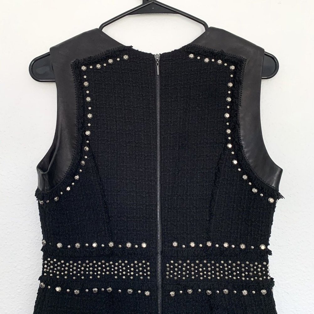 Rebecca Taylor Dress Black Tweed Studded Sleeveless Lamb Leather Fray - Picture 11 of 12